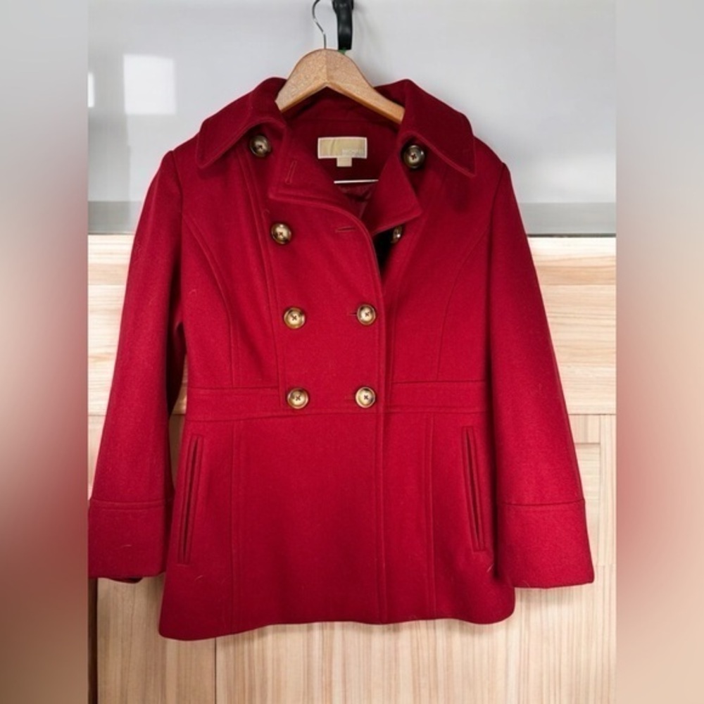 Michael Kors Red Wool Blend coat Peacoat Jacket Small womens coat gold buttons